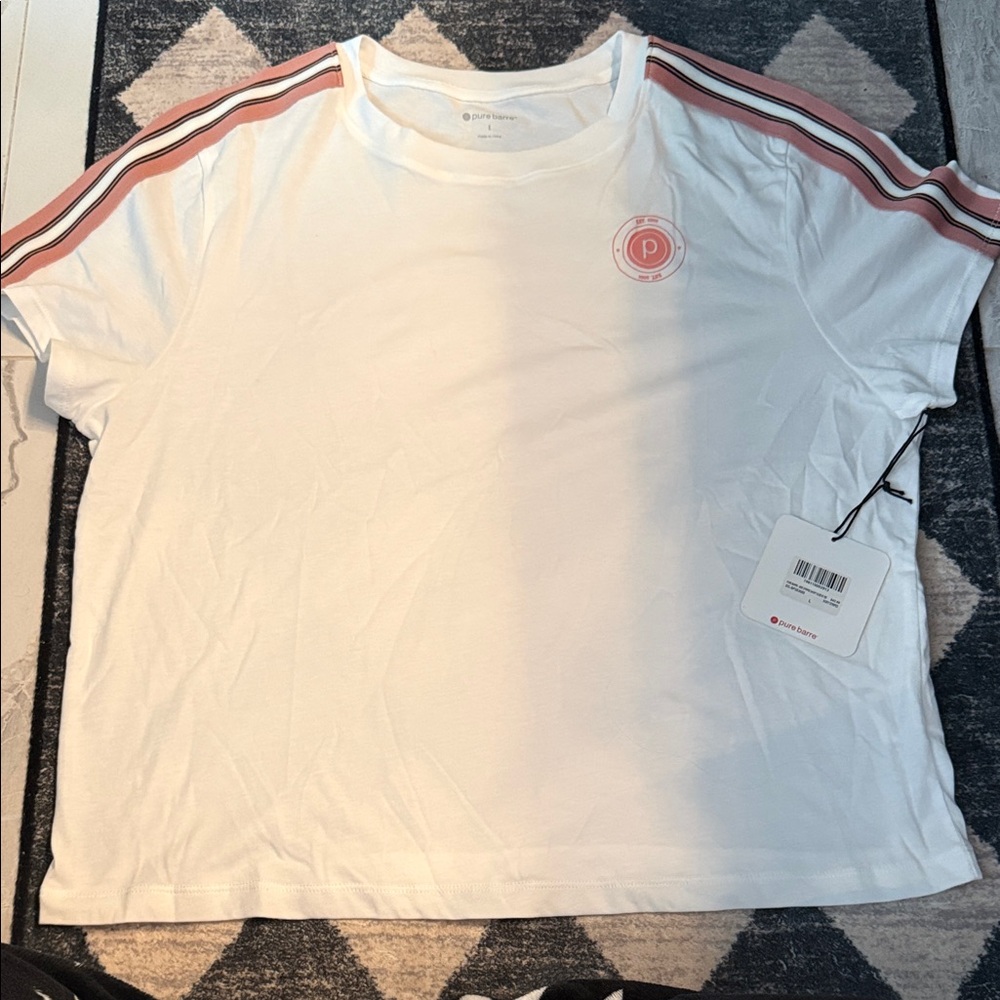 Pure Barre White Tee with Pink Stripes